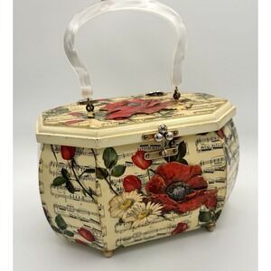 Vintage 60s 70s Wooden Poppy Decoupage Octagon Box Purse Lucite Handle Signed